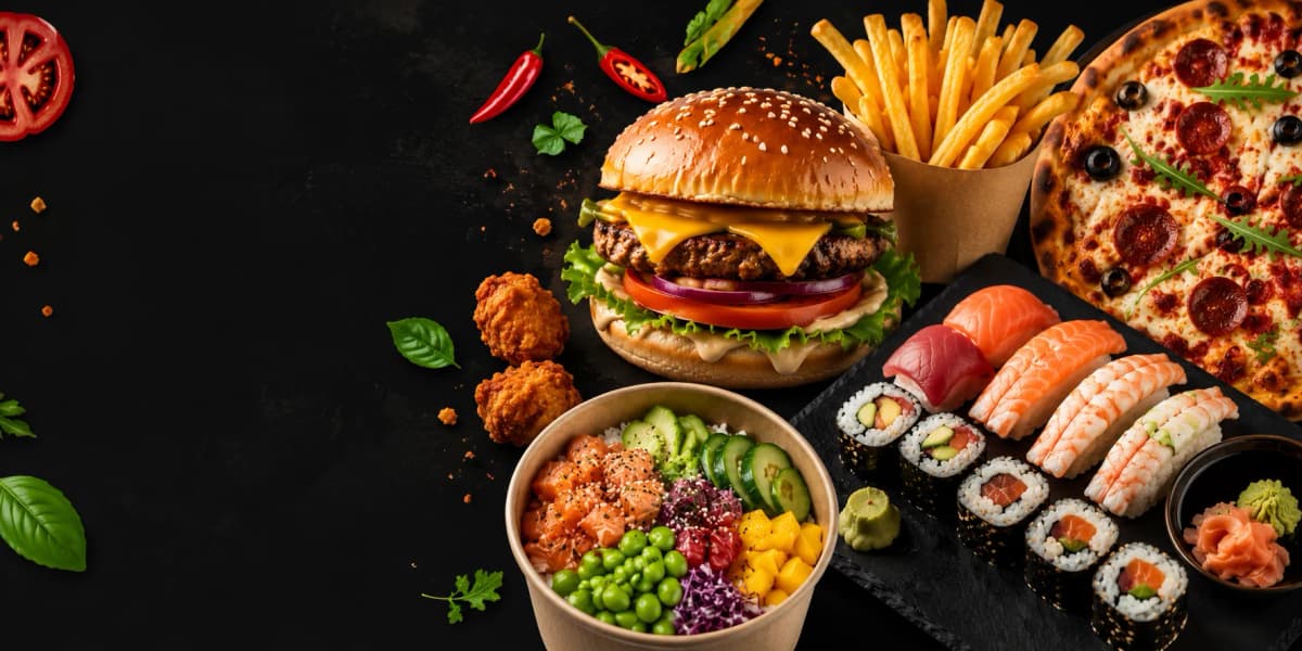 Composition de plats Eatyz : burger, frites, pizza et sushis